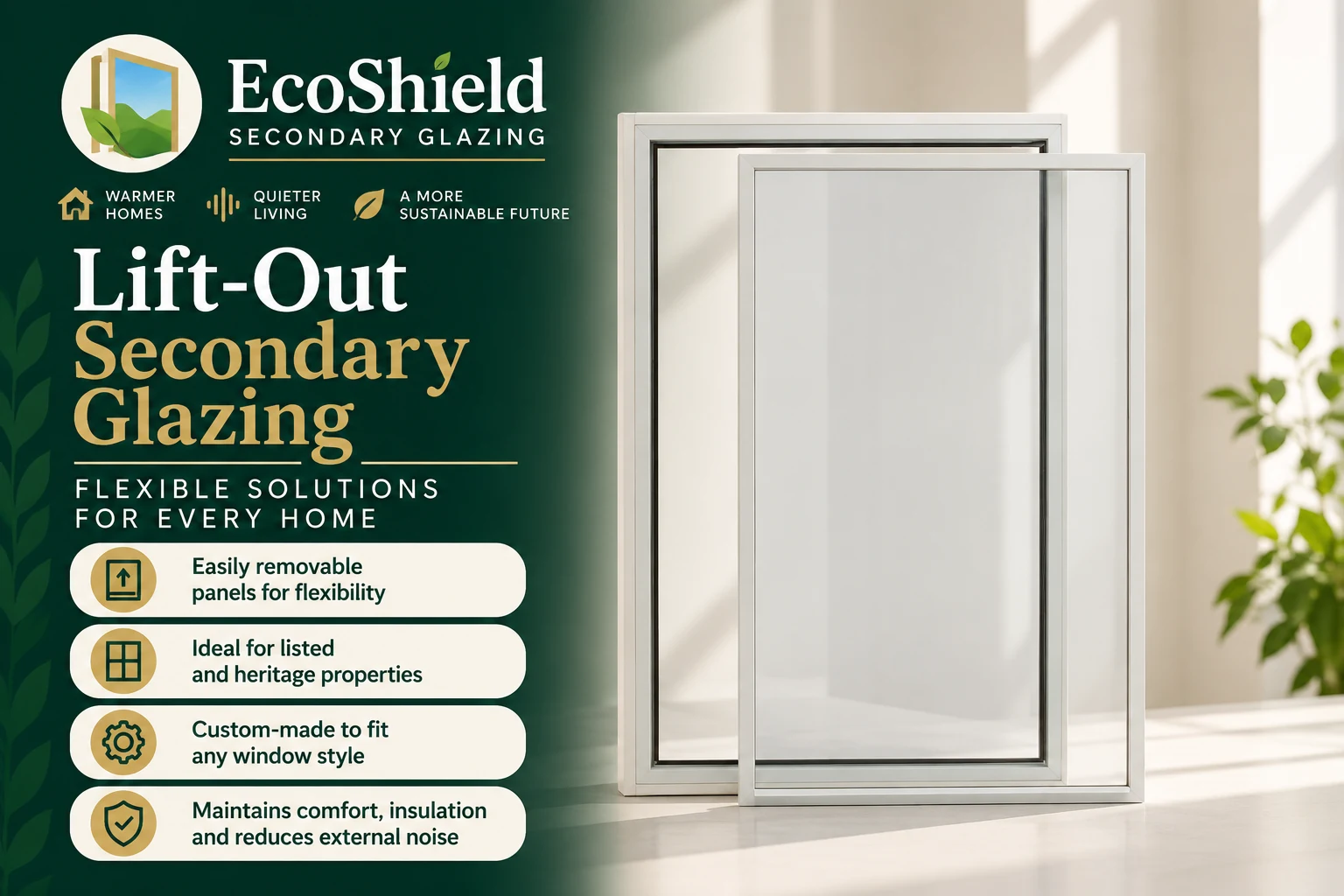 EcoShield Lift-Out Secondary Glazing graphic showing removable panels and benefits for heritage windows