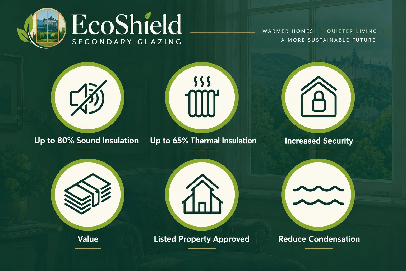 EcoShield secondary glazing benefits including noise reduction, thermal insulation, security, value and reduced condensation