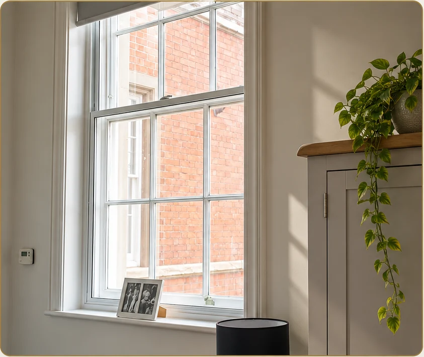 Traditional sash window with secondary glazing in a warmly styled interior
