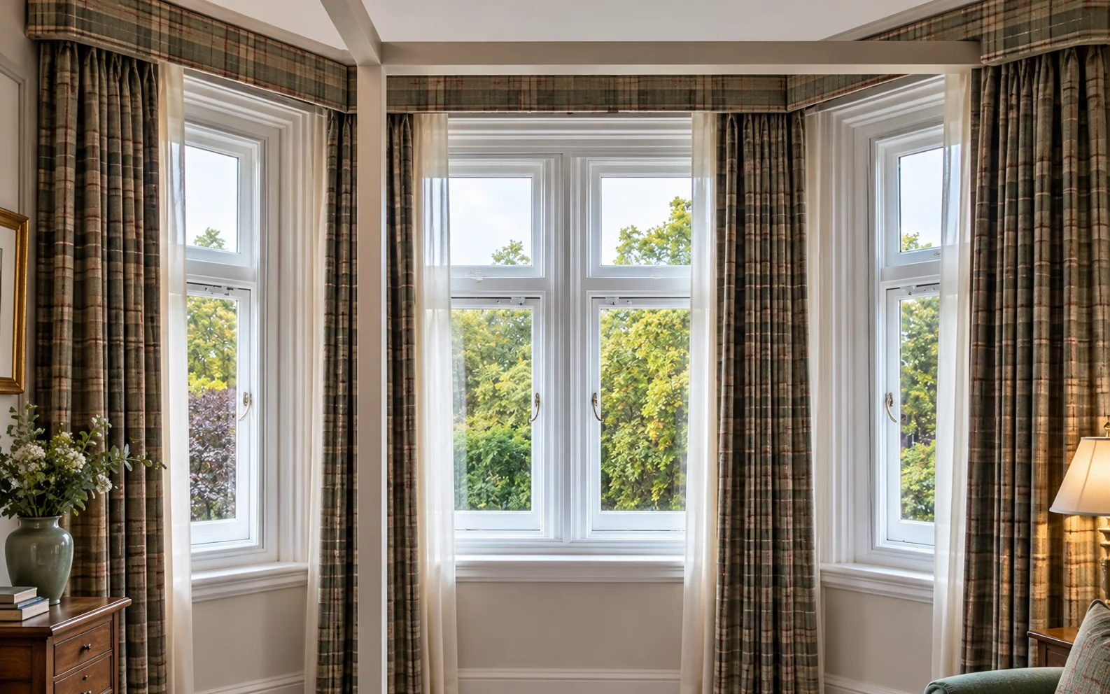 Scottish heritage bay window with traditional tartan curtains and white sash windows — illustrative interior