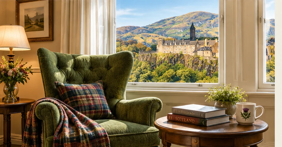Scottish heritage reading nook with secondary glazed sash windows and a castle view