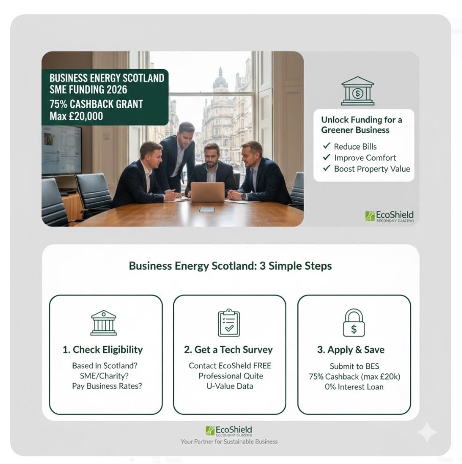 Business Energy Scotland SME funding infographic for secondary glazing featuring the £20,000 cashback grant and energy efficiency loan details for 2026.