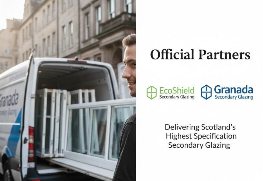 EcoShield Secondary Glazing and Granada Secondary Glazing partnership logo with professional installation background.