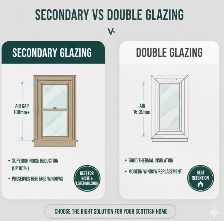 Comparison diagram of secondary glazing vs double glazing showing 100mm air gap for superior noise reduction and thermal insulation.