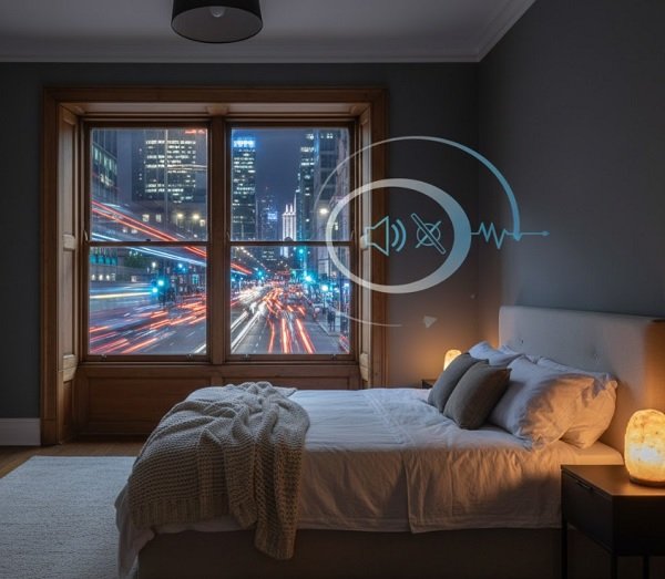 A quiet, calm bedroom with secondary glazing blocking out the loud traffic noise and lights of a busy city street at night.