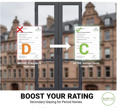 Graphic showing a comparison of EPC ratings for a UK period home, moving from Grade D to Grade C after installing EcoShield secondary glazing to fix draughts and heat loss.