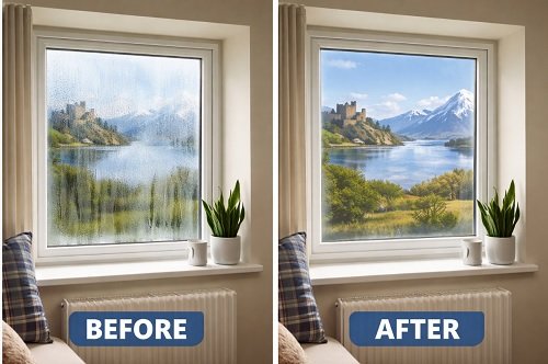 Infographic showing practical ways to stop condensation on single glazed windows in Scotland, including ventilation, dehumidifiers, secondary glazing, insulation, and avoiding indoor clothes drying.