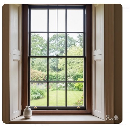 Discreet black slimline secondary glazing installed on a traditional timber sash window with garden view.